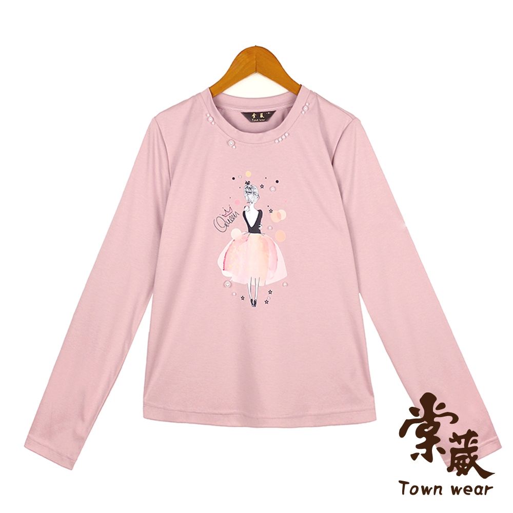 【TOWNWEAR棠葳】優雅珍珠印圖上衣 2色(中大尺碼/女上衣/女上著/棉質/素色/長袖/文字) (粉紅色系)