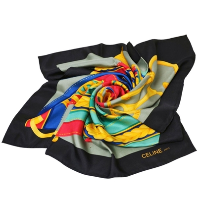 【近全新】CELINE 義大利製100%蠶絲字母LOGO流蘇蹄鐵圖騰大絲巾(粉綠底/黑邊/88CM/展示品出清)