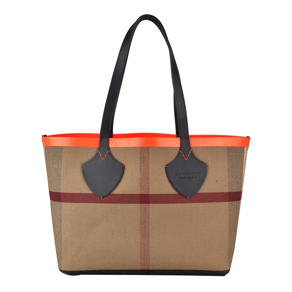 BURBERRY 巴寶莉  MD TOTE黑字壓印LOGO格紋帆布牛皮雙面肩背手提兩用托特包(黑/格紋)