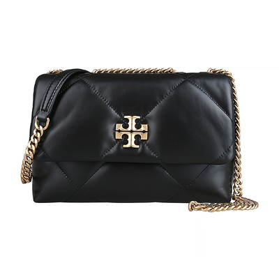 TORY BURCH KIRA復古雙T金屬LOGO大菱格縫線設計納帕皮革鏈帶吸釦式肩背斜背雲朵包(黑)