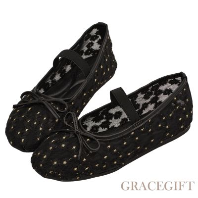 【Grace Gift】春日花園蝴蝶結網紗平底瑪莉珍鞋 黑
