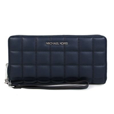 MICHAEL KORS Jet Set Travel 銀字Logo絎縫方格紋手提式長夾(海軍藍)