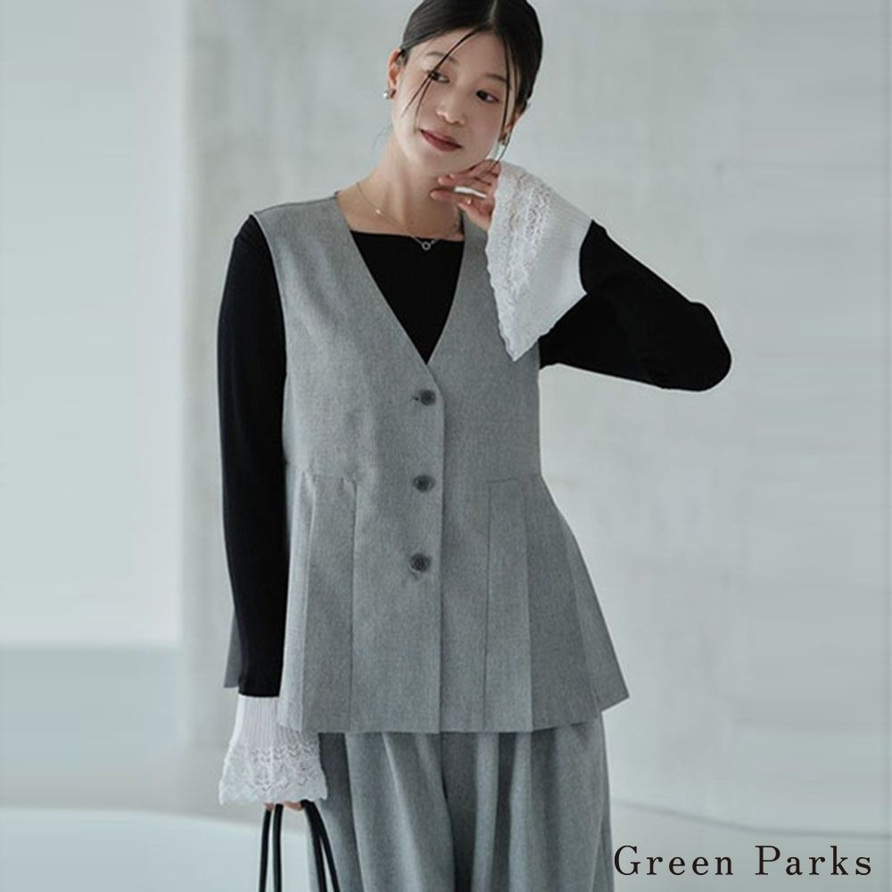〔Green Parks〕粗花呢立體百褶前扣V領背心