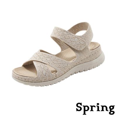 SPRING 厚底涼鞋/蕾絲飛織交叉厚底魔鬼粘休閒涼鞋 杏