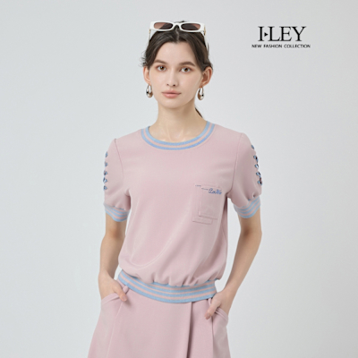 ILEY伊蕾 交叉綁帶撞色羅紋上衣(粉；M-XL)