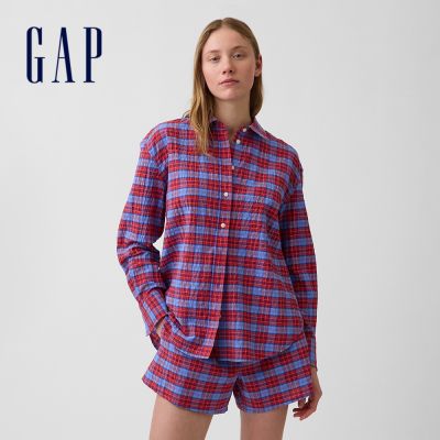 【GAP】泡泡紗格紋寬鬆襯衫-紅藍格紋(896327)