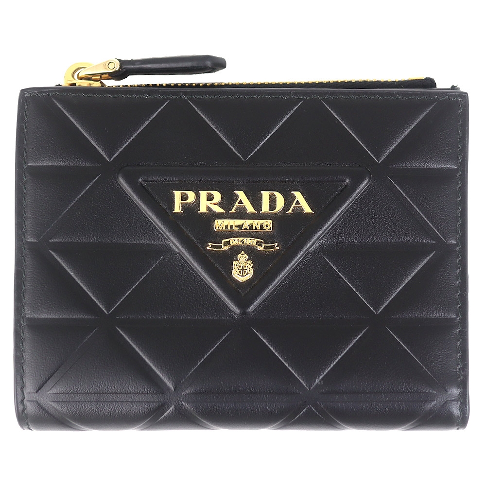 PRADA 金字黑色菱格真皮押扣短夾(零錢袋)