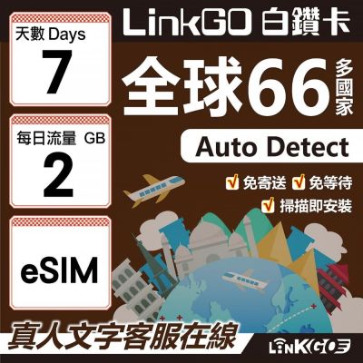 LINKGO白鑽卡 全球66國 eSIM卡 7天上網絡卡 每日2GB(全球網絡卡 亞洲 歐洲 美洲 大洋洲 非洲)