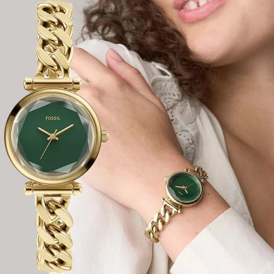 FOSSIL Carlie mini 優雅金綠面手鍊女錶 開學購物季 送禮首選-28mm ES5441