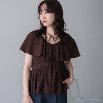 〔earth music〕格紋圖案微透荷葉邊層次剪裁上衣