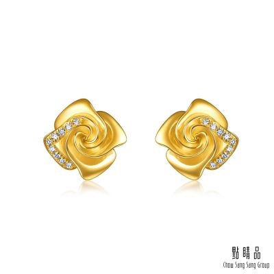 點睛品 絢麗玫瑰 鑽石黃金耳環(一對)