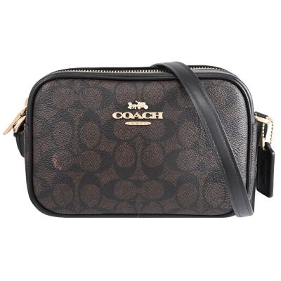 COACH 金屬LOGO印花拉鍊斜背/小相機包(深咖)