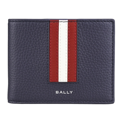 BALLY Ribbon燙銀LOGO質感小牛皮紅白直紋設計6卡對開短夾(男款/深藍)