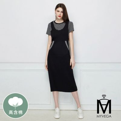 MYVEGA麥雪爾 MA高含棉假兩件長洋裝-黑