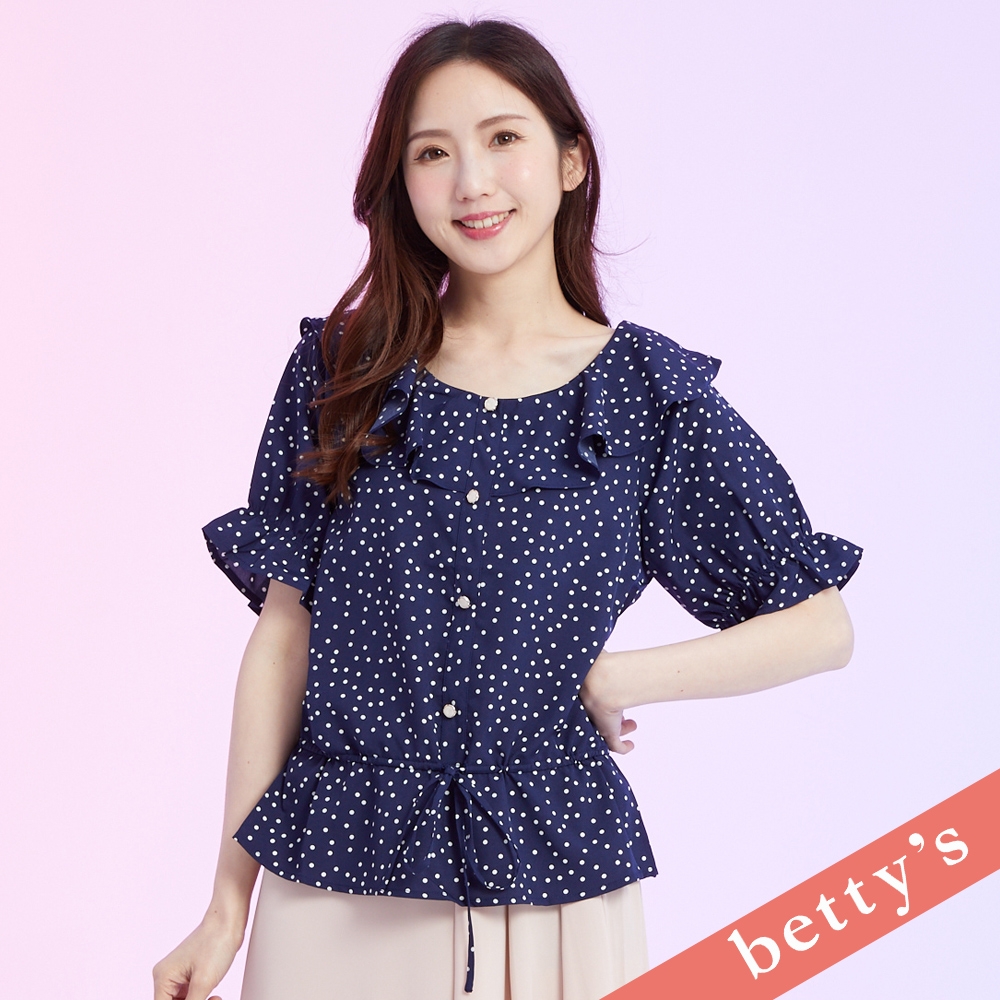 betty’s貝蒂思　點點雪紡荷葉邊翻領抽繩上衣(深藍) (深藍)