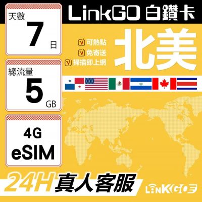 LinkGO白鑽卡 北美 eSIM卡 AT&T/Verizon 7天總流量5GB(北美網絡卡 美國 加拿大 墨西哥 巴拿馬)