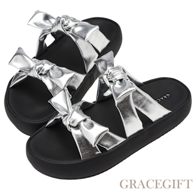 【Grace Gift】Y3K甜酷澎澎蝴蝶結雲感厚底涼鞋 銀