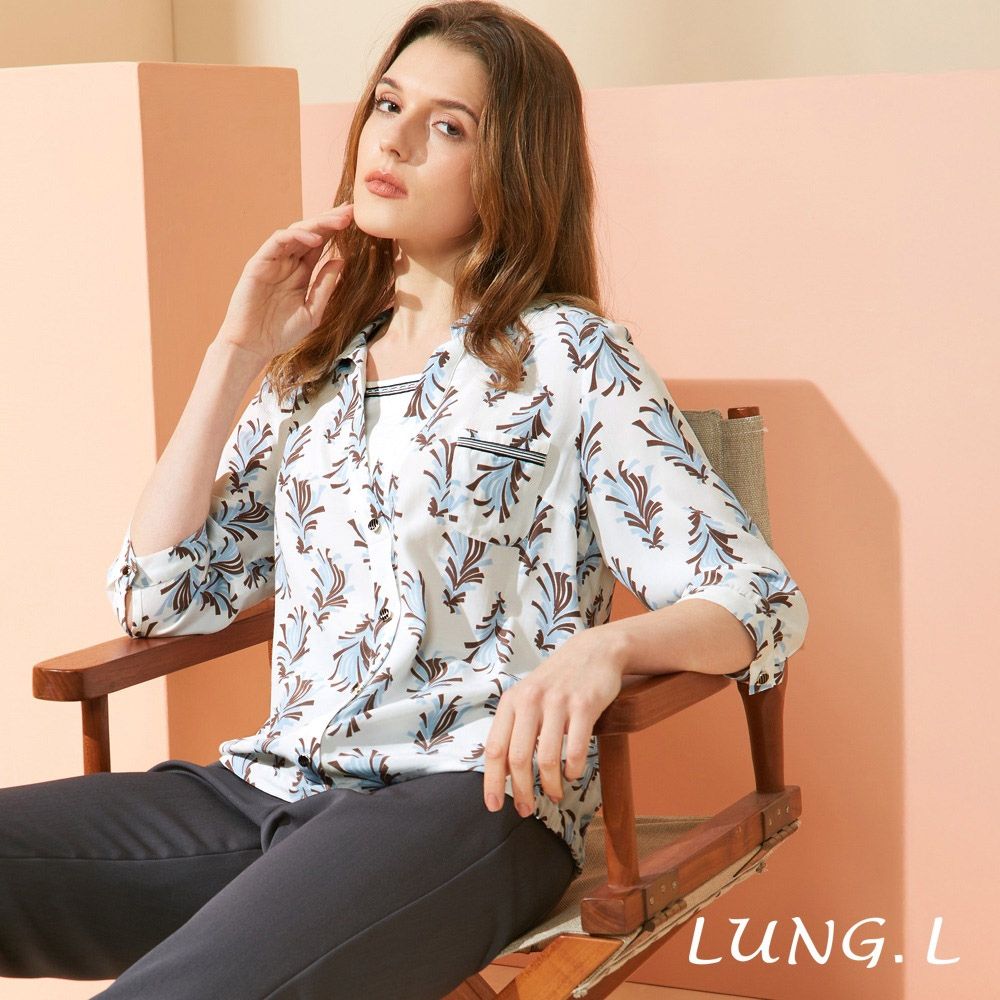 LUNG.L林佳樺 白色優雅印花假兩件式七分袖女裝上衣 LU37A