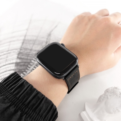 Apple Watch 全系列通用錶帶 蘋果手錶替用錶帶 黑鋼扣 外層真皮 內層橡膠錶帶-黑色