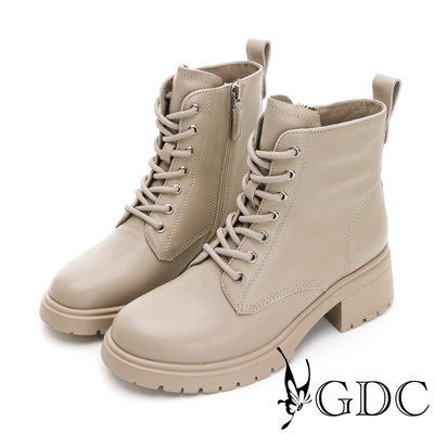 GDC-真皮基本款百搭流行綁帶馬丁中筒短靴-米灰色