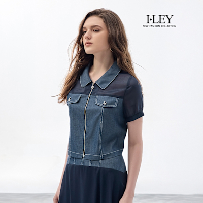 ILEY伊蕾 異材質拼接拉鍊縲縈牛仔外套(深藍；M-2L)
