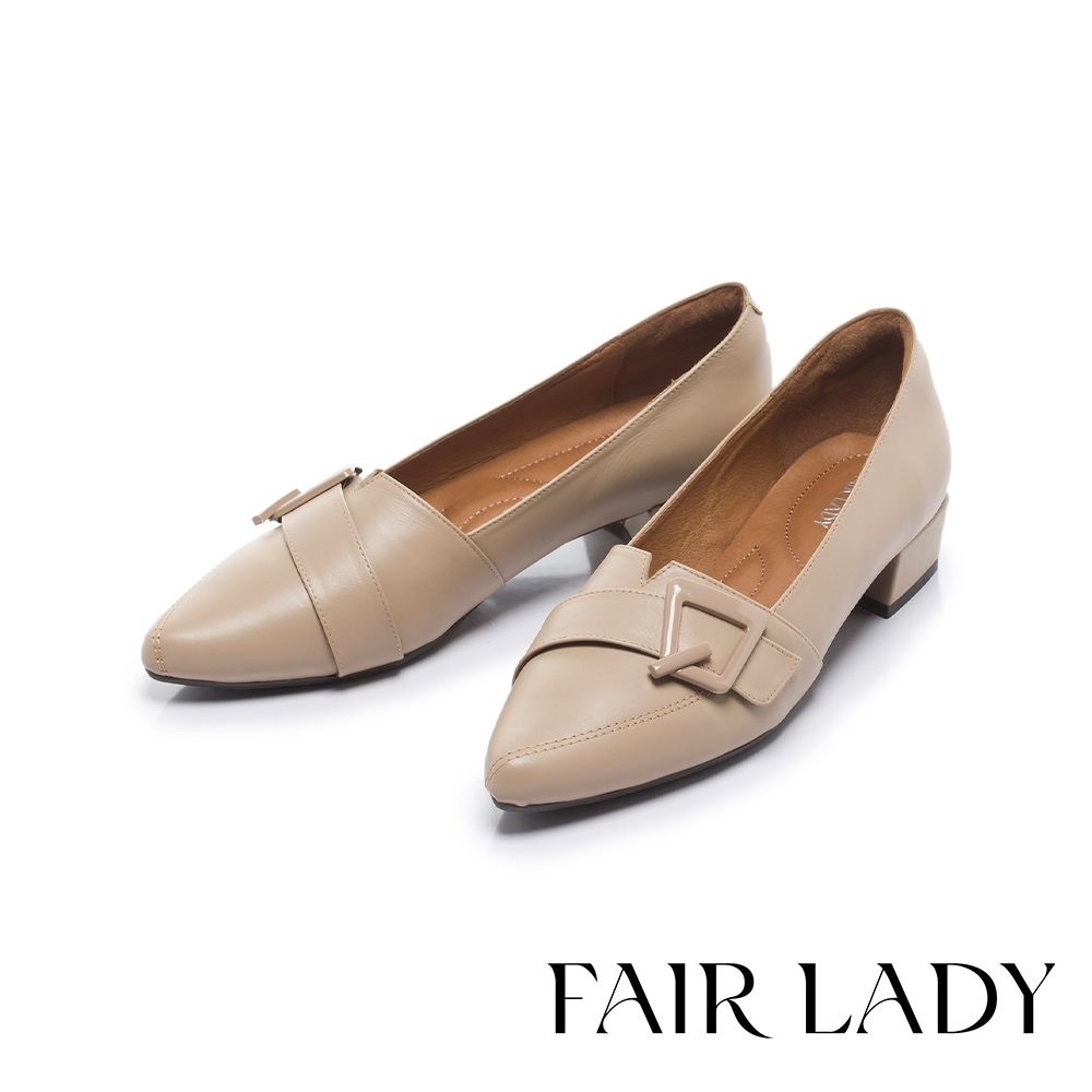 FAIR LADY 芯太軟 飾釦剪裁尖頭低跟樂福鞋 復古杏 (6M3059)