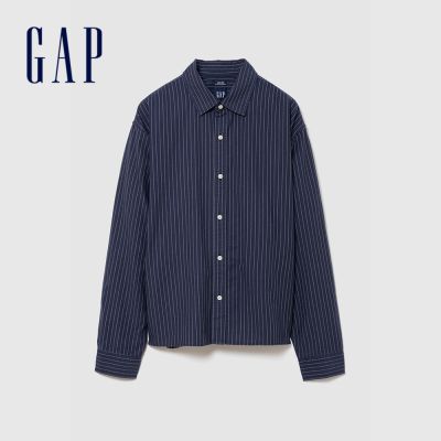 【GAP】寬鬆短款直版牛津襯衫-藍白條紋(909177)