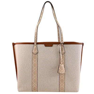 TORY BURCH PERRY 立體壓花背帶帆布拼接三層肩背/托特包(米)