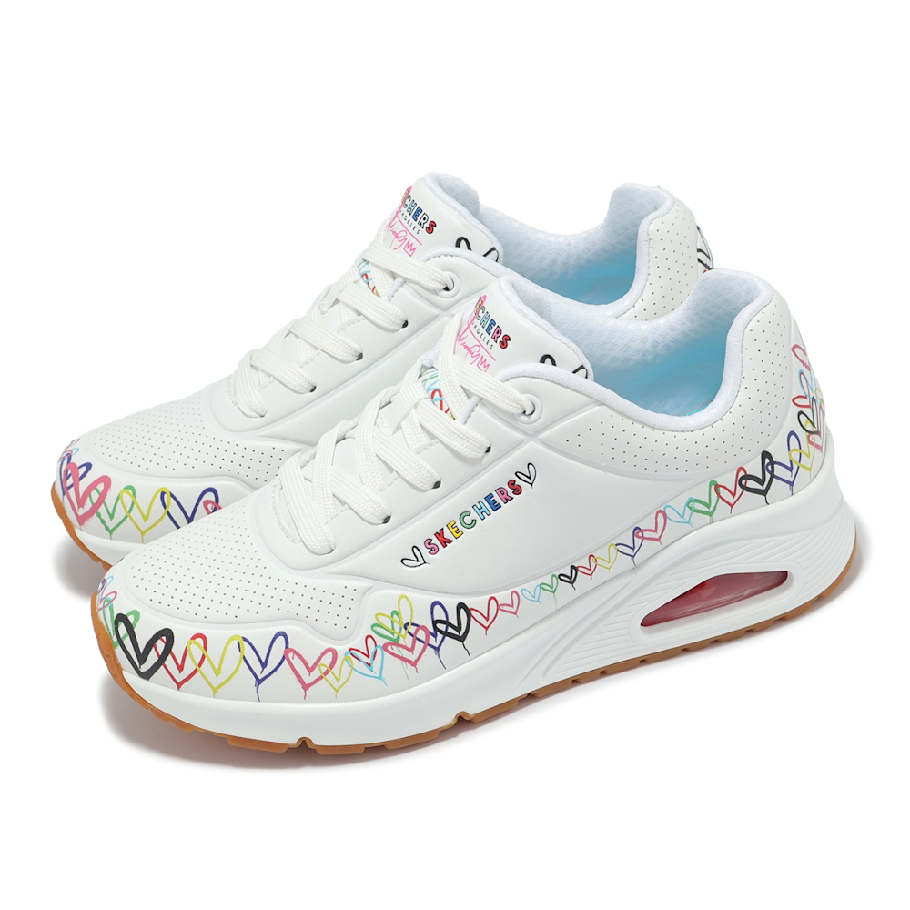Skechers 休閒鞋UNO-Love All Around 女鞋白彩虹氣墊膠底緩衝愛心塗鴉