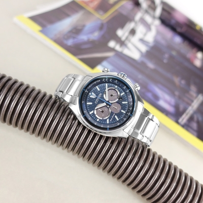 CITIZEN 星辰錶 / CA4560-81L / 光動能 三眼計時 運動潮流 日期 防水100米 不鏽鋼手錶-藍色/44mm