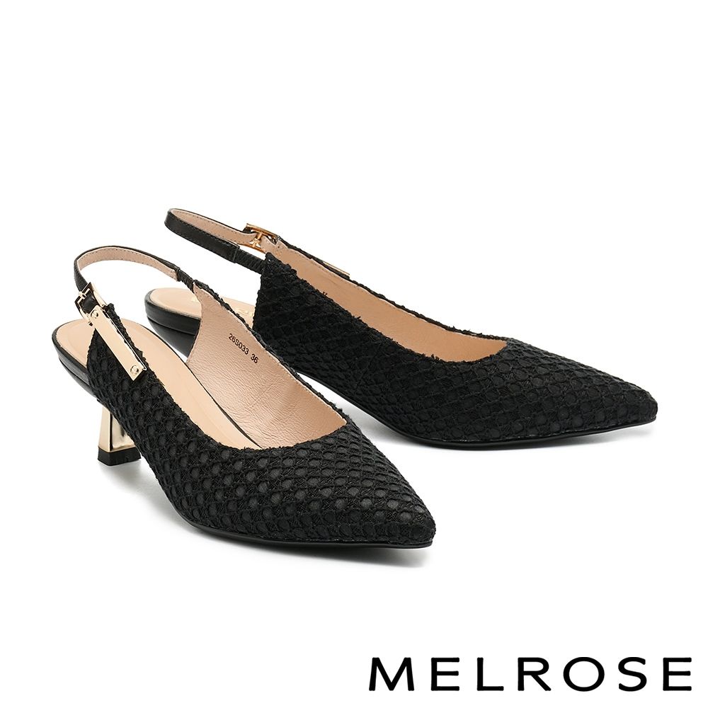 高跟鞋 MELROSE 美樂斯 優雅時尚金屬長釦異材質後繫帶尖頭高跟鞋－黑