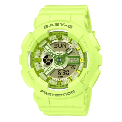 CASIO卡西歐 BABY-G 活力繽紛 Y2K時尚 亮麗黃綠 雙顯系列 BA-110YK-3A 43.4mm