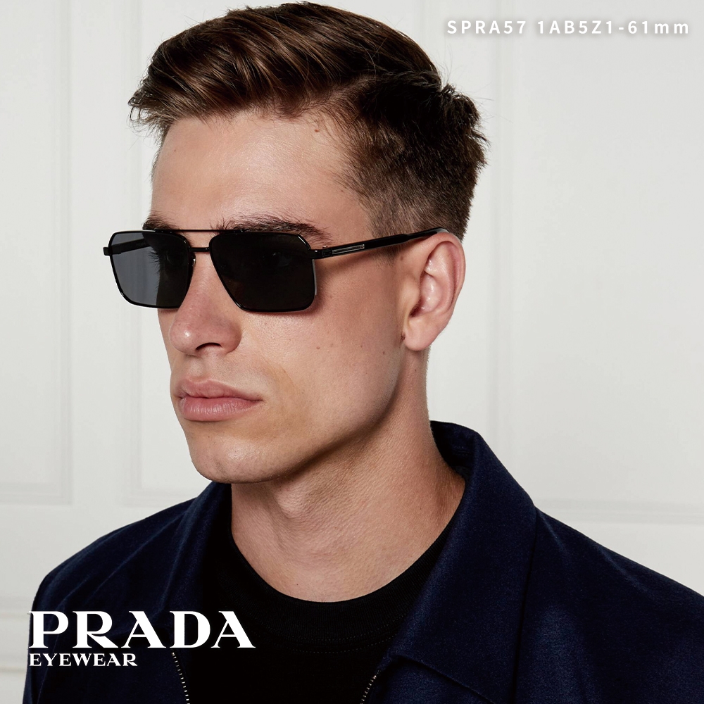 PRADA 雙槓方框偏光太陽眼鏡/黑深灰偏光鏡片#SPRA57 1AB5Z1-61mm