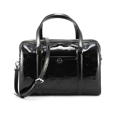 Michael Kors TRAVEL新款亮面滿版LOGO皮革/手提/斜背/波士頓包35F5STFS6O(亮黑)