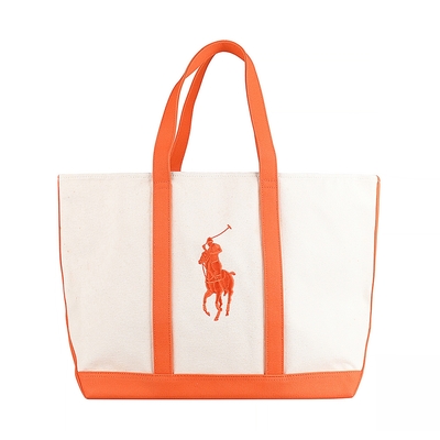 展示品 RALPH LAUREN經典大馬標誌手提肩背托特包(大/米x橘)