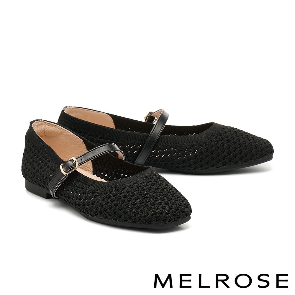 平底鞋 MELROSE 美樂斯 率性優雅純色方釦繫帶飛織布瑪莉珍方頭平底鞋－黑