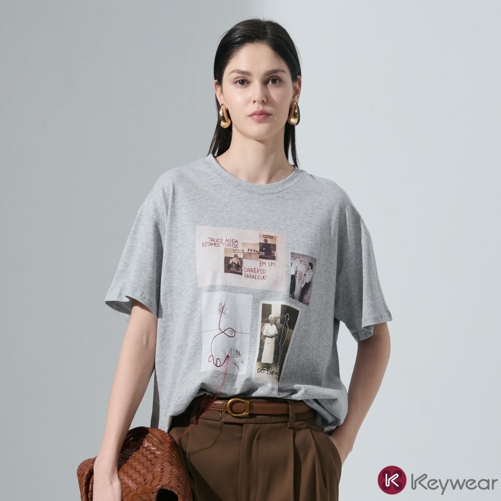 KeyWear奇威名品    印花拼貼寬鬆短袖上衣-灰色