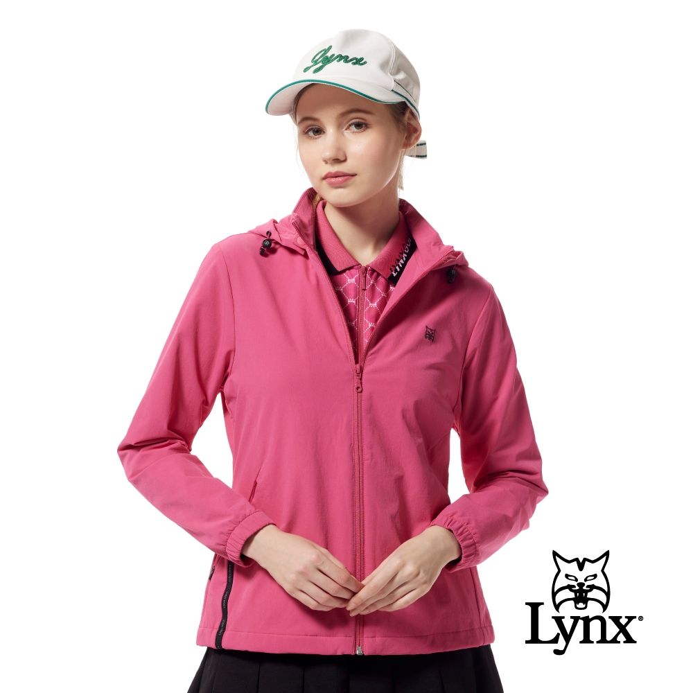 【Lynx Golf】女款彈性舒適抗UV防潑水機能羅紋剪接織帶造型長袖可拆式連帽外套(二色) (桃紅色)