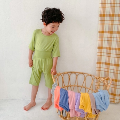 【橘魔法】純色系冰絲涼感莫代爾薄軟上衣+護肚七分褲(睡衣 居家服 套裝 男童 女童 中童 小童 護肚褲【BB7791】