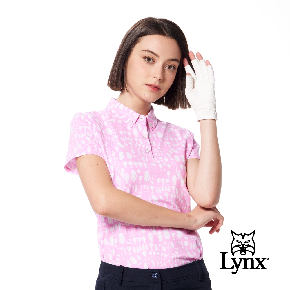 【Lynx Golf】女款吸濕排汗機能滿版高爾夫GOLF左臂繡花領尖扣造型短袖POLO衫/高爾夫球衫-淺粉色 (淺粉色)