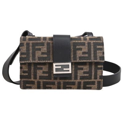 FENDI Baguette Pouch 經典雙F LOGO緹花布斜背腰掛包/方包(深咖)