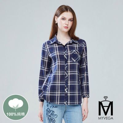MYVEGA麥雪爾 MA純棉經典英倫風格紋襯衫-深藍