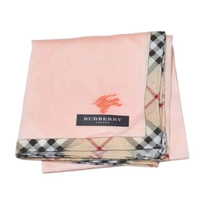 BURBERRY 粉紅底經典斜格紋滾邊粉紅戰馬圖騰刺繡LOGO帕領巾(50CM)