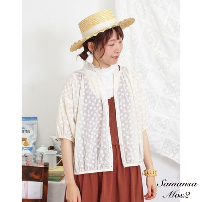 Samansa Mos2 透明感花朵刺繡縮口袖襯衫