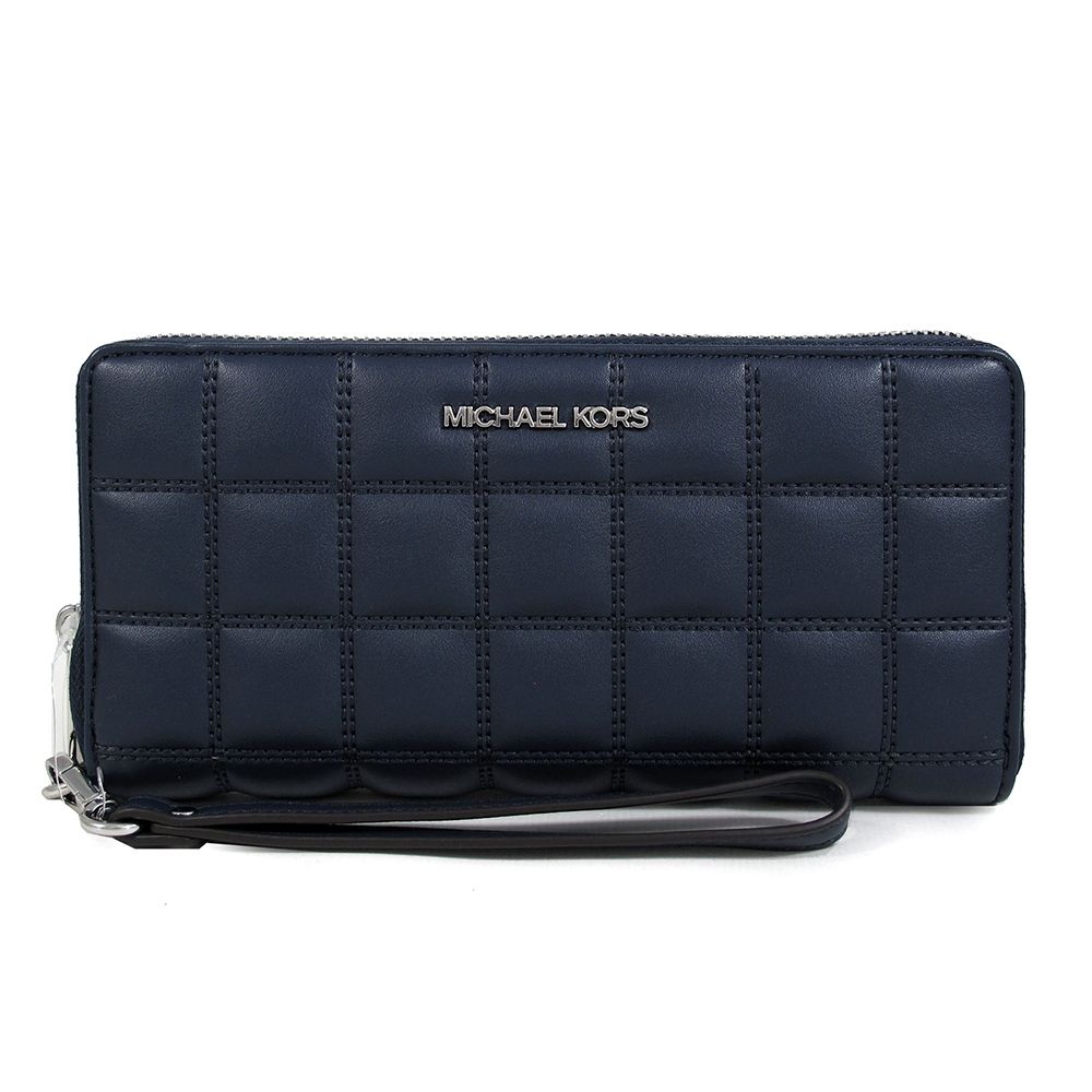 MICHAEL KORS Jet Set Travel 銀字Logo绗縫方格紋手提式長夾(海軍藍)