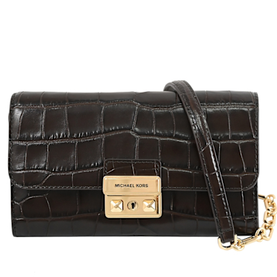 MICHAEL KORS TRIBECA 金屬釦LOGO鱷魚壓紋皮革翻蓋式斜背包/WOC(深咖)