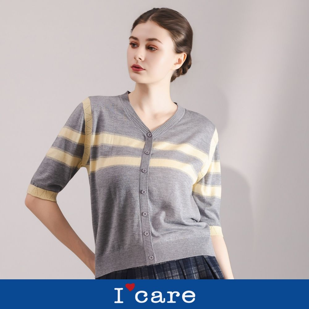 現貨【I'care 依卡】灰色學院風開襟短袖針織上衣（F）｜短袖針織衫 針織外套 女休閒上衣 (灰)