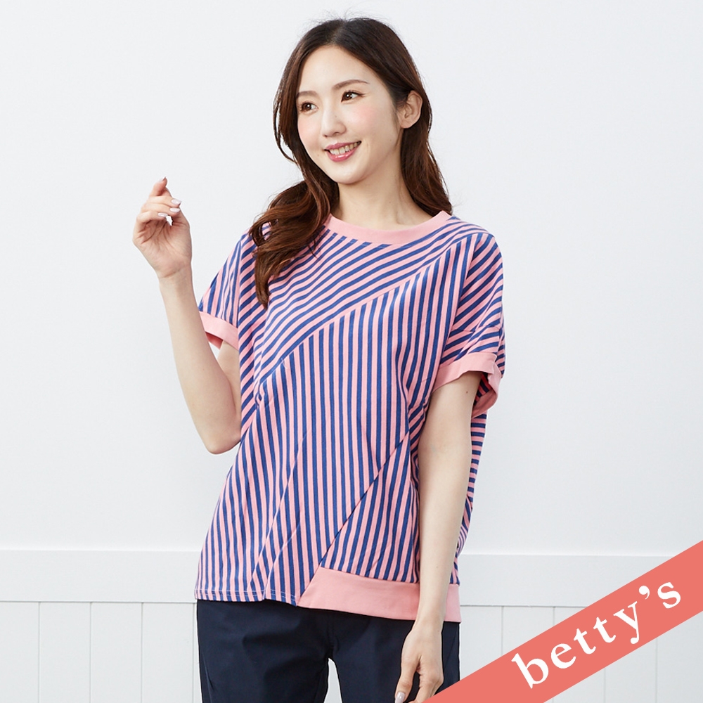 betty’s貝蒂思　條紋拼接撞色蝙蝠袖T-shirt(粉色) (粉色)