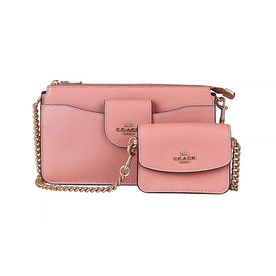 COACH POPPY金字LOGO荔枝紋牛皮子母肩背斜背兩用包(粉)