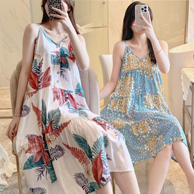 Sleeping Beauty 微甜小露背細肩居家長裙-多色可選